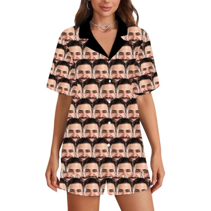 DGJSSK Pijama Personalizado a Juego para Pareja con Foto de Cara Graciosa Pijama Personalizado de Manga Corta de Gran tamaño para Mujer Hombre