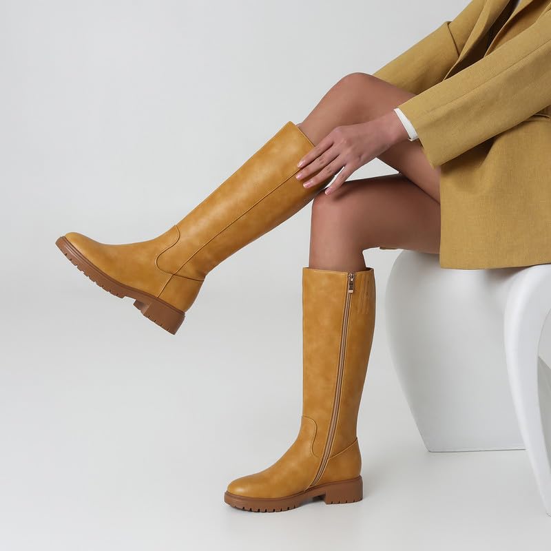 Image of ZJA Knee High Boots Women Platform Round Toe Low Flat Heel Fall Riding Fashion Tall Boots Long Clearance Boots