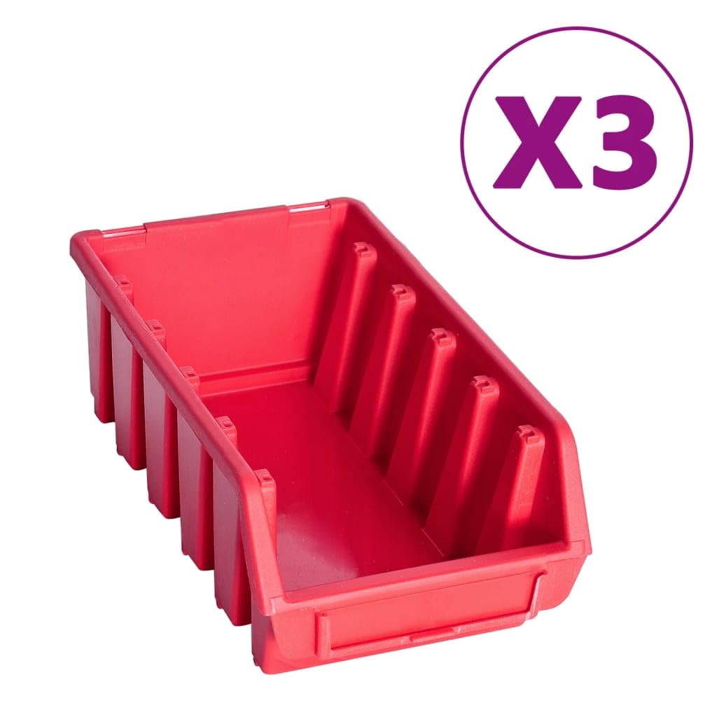 Set di 34 contenitori per piccole parti con pannelli da parete in rosso e nero, scatole portaoggetti in plastica impilabili, 2 pannelli da parete con ganci, accessori per officina, garage