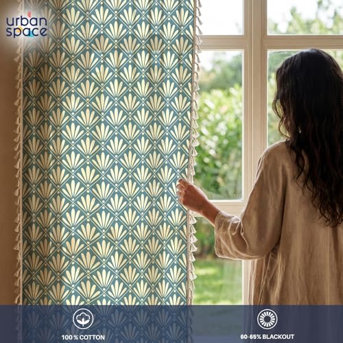 Image of Urban Space Boho Decorative Curtain for Window, 100% Cotton Curtain 5 Feet Long, 1 piece Curtain with Tassels, 60-65% Room Darkening with Tieback and Eyelets (Amaya Dusty Blue, 5 Feet)