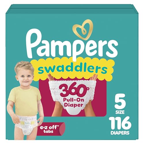 Pampers Diapers - Swaddlers 360° - Size 5, 116 Count, up to 100% Leakproof Comfy Dry Fit, Designed for Easy Changes, Pull On Baby Diaper (Packaging May Vary)
