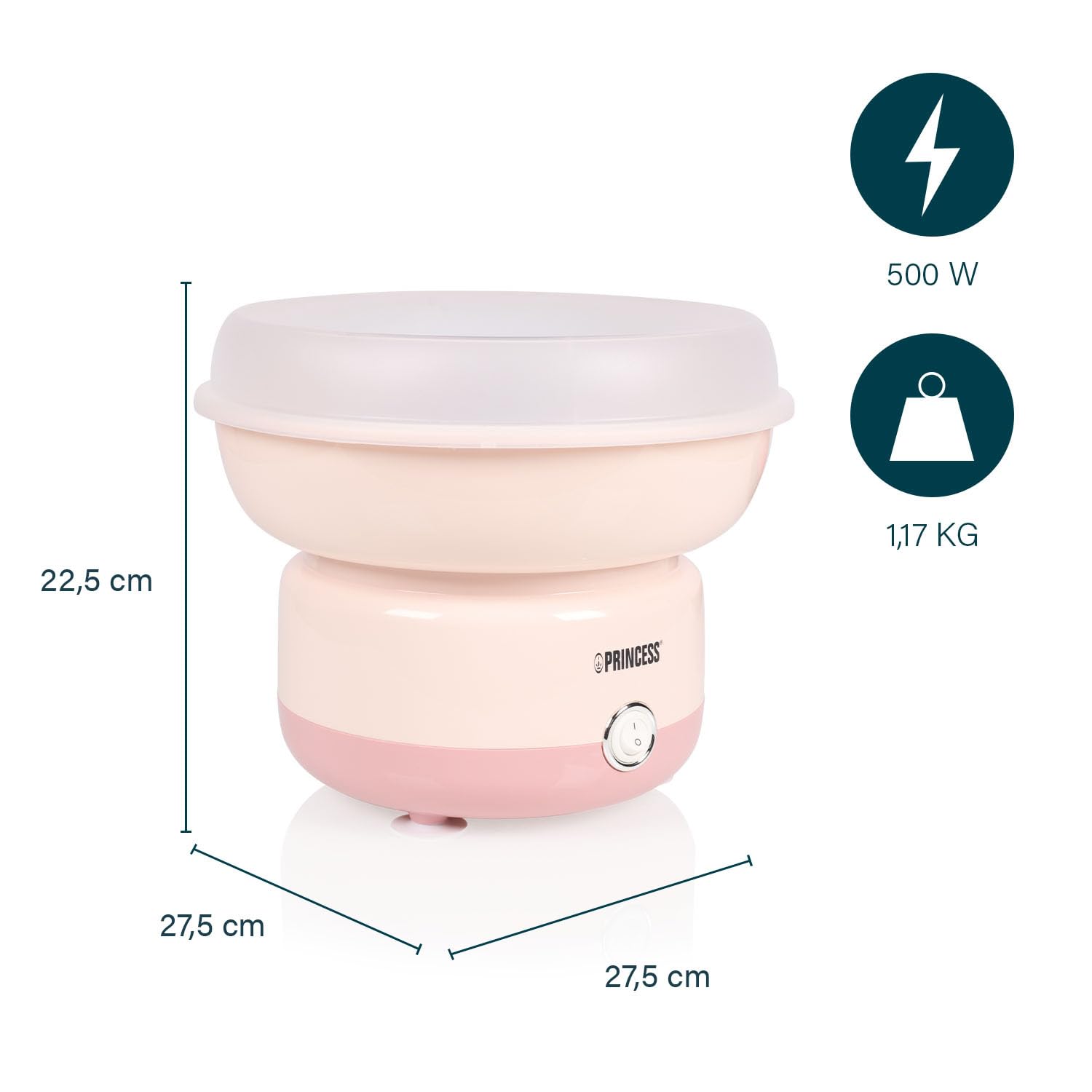Princess Machine à Barbe à Papa, 500W, Design Compact, Pièces Lavables au Lave-Vaisselle, Inclus Bâtonnets et Cuillère, Sans BPA, Pieds Antidérapants, Facile à Utiliser, 292990