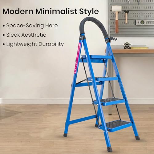 Image of Casa Copenhagen Blue 4 Step Ladder for Home Use with Built-in Tool Tray | Heavy Duty D Shape Rods | Ultra Large Platform | Wide Rubber Feet | 150Kg Capacity Foldable Ladder - 7 Years Warranty