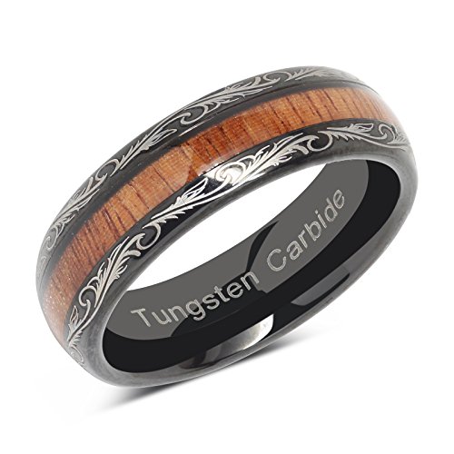 100S JEWELRY 6mm Mens Womens Black Wedding Bands Tungsten Ring Koa Wood Inlaid Silver Scroll Comfort Fit Size 5-132