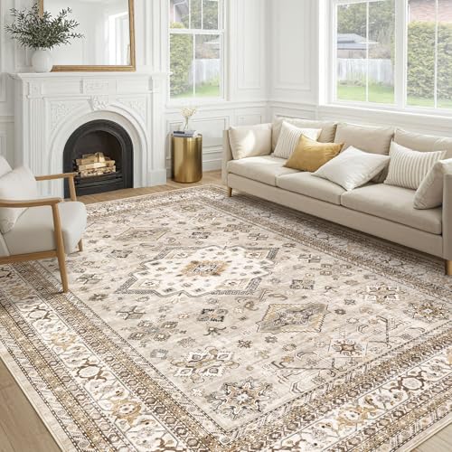 Image of Vintage Living Room Area Rug 8x10 - Large Soft Washable Oriental Traditional Distressed Farmhouse Rugs for Bedroom - Indoor Floor Accent Carpet for Home Office House Decor - Beige