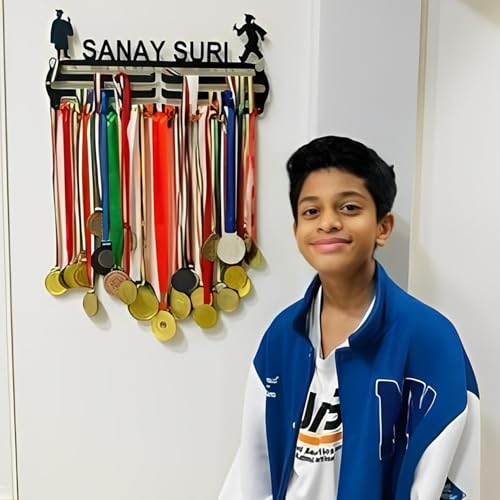 Image of GLORY MEDAL HANGERS - Personalized Medal Hangers for Wall - Hang Up to 60 Medals | Metal | Sports Medal Wall Display | Medal Holder | Black Glossy Finish.