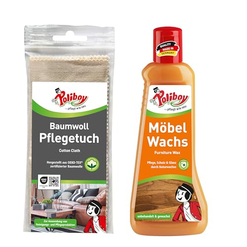 POLIBOY Möbel Wachs - Flüssiges Holzwachs zur Möbelpflege und Imprägnierung von Holzmöbeln - Mit pflanzlichen Wachsen - 1x 200 ml - inkl. Baumwolltuch zur Anwendung - Made in Germany