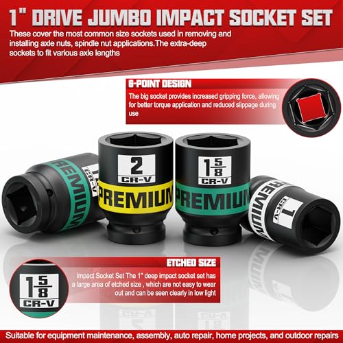 Image of 1 inch Drive Jumbo Impact Socket Set, SAE Axle Nut Sockets, 9-Piece (1-2 in.) Drive Deep Impact Socket Set, 6-Point, Cr-V Steel, Universal Hex Deep Socket Set with heavy Duty Storage Case