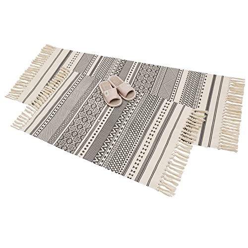 Yomshi Baumwoll-Teppich-Set mit 2 gewebten Bauernhaus-Küchenteppichen, waschbar, marokkanischer Boho-Schlafzimmerteppich, Boho-Quasten-Überwurf, 60 x 90 cm Cover