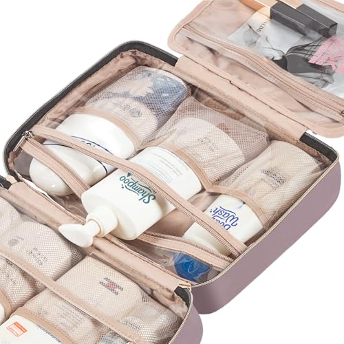 Image of NISHEL Travel Toiletry Bag for women, Portable Hanging Organizer for Full-Sized Shampoo, Conditioner, Brushes Set, Makeup Accessories, Large Size, Peach Pink