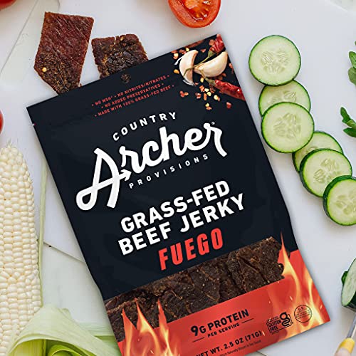 Country Archer Grass Fed Beef Jerky - Beef Jerky Snack Pack, Beef Jerky Bulk, Individual Beef Jerky Pack, Protein Snack, Country Archer Beef Jerky, Gluten Free - Fuego Flavor, 2.5 oz (Pack of 4)