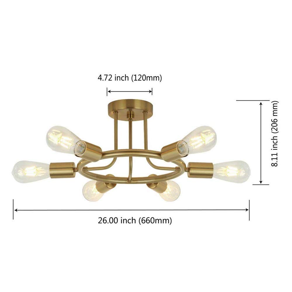 Lámparas de Techo de 6 Luces, Iluminación de Araña Moderna de Mediados de Siglo, Lámpara de Techo de Montaje Semiempotrado, Lámpara de Techo Sputnik Dorada/Negra de Latón Cepillado, para C