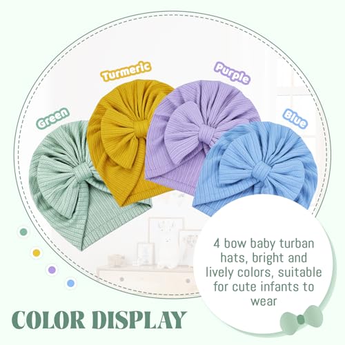 Cinaci 4 Pieces Baby Girls Turban Hats with Bow Newborn Hospital Caps Bonnets Beanies Headwraps for Infants Toddlers4