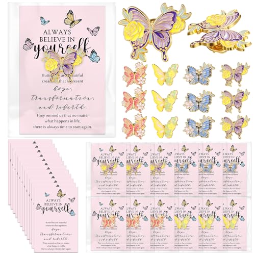 Image of Landical Inspirational Gifts for Women Bulk 4 Styles Butterfly Lapel Pins Butterfly Brooches Pins Motivational Cards with Opp Bags for Teacher Nurse(12 Sets)