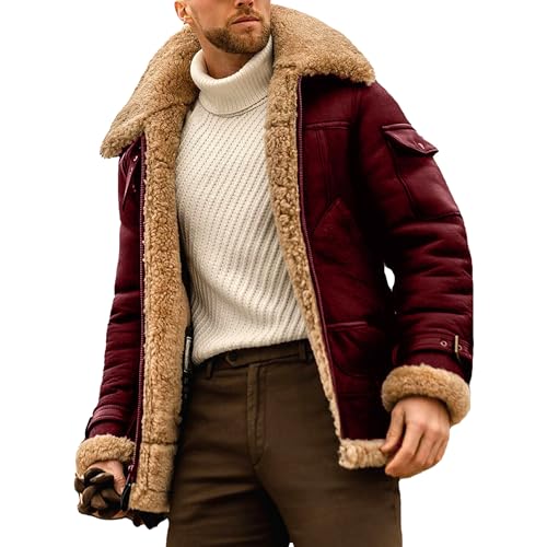 Men's Fur Collar Leather Vintage Coat Lapel Sherpa Lined PU Leather Overcoat Motorcycle Flight Warm Outwear Jacket (3XL 码,Wine Red)