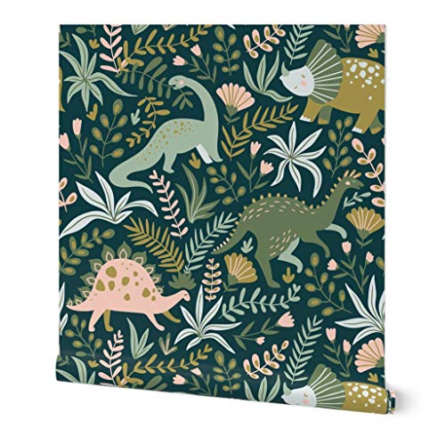 Image of Peel & Stick Wallpaper 6ft x 2ft - Botanical Dinosaurs Green Pink Animals Jurassic Gender Neutral Unisex Whimsical Children Tropical Custom Removable Wallpaper by Spoonflower