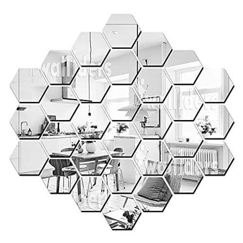 Image of Wall1ders 30 Hexagon Mirror Stickers with 10 Butterfly for Wall, Acrylic Mirror Stickers for Bedroom, Hall, Home Offices (Silver)
