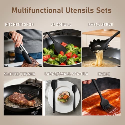 VINATO Set Ustensile Cuisine 12 Pièces en Silicone Alimentaire, Ustensiles de Cuisine sans BPA, Lavable au Lave-Vaisselle, Noir – Image 6