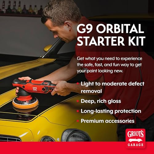 Image of Griot's Garage G9 Orbital Starter Kit for Car Polishing and Detailing, Includes Orbital Polisher, Liquid Wax 3-in-1, 6.5 inch Orange Foam Correcting Pad, and 4 PFM Dual Weave Wax Removal Towels