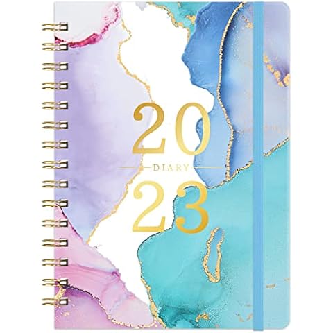 Diary 2023 - Diary 2023 A5 Week to View from January to December 2023, Pink and Blue, Twin-Wire Binding, Hard Cover, Elastic Closure, 21.5 x 15.5 x 1.5 cm Cover