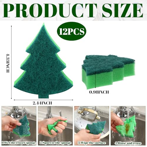 Image of Tioncy 12 Pack Christmas Tree Kitchen Sponges Bulk Dual Sided Scrubber Sponges Dishwashing Non Scratch for Kitchen Accessories Dish Scouring, Green
