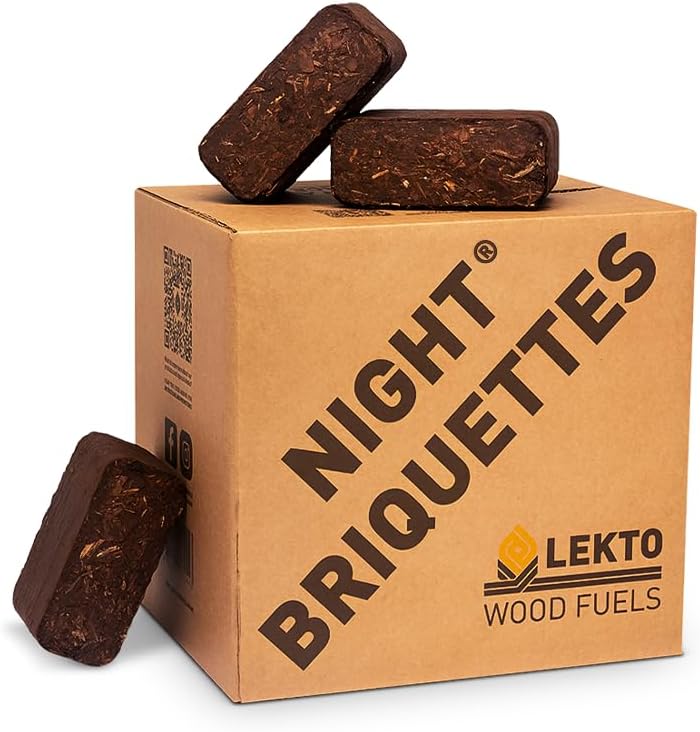 Lekto Woodfuels ナイトブリケット - 20kg (ブリケット20個)、最大8時間のスローバーン | 薪ストーブ、ログバーナー、保護されたファイヤーピット、キミネアに最適 | 圧縮木材ファイヤーブリック | 長い燃焼ログ
