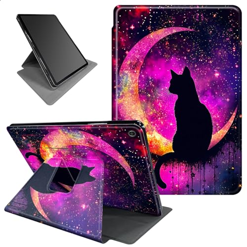 Image of for Fire 7 Tablet Case 9th 7th Generation 2019 2017 Release 360 Rotating Degree Stand Lightweight Protective Smart Cover with Auto Wake/Sleep - Purple Galaxy Cat and Moon