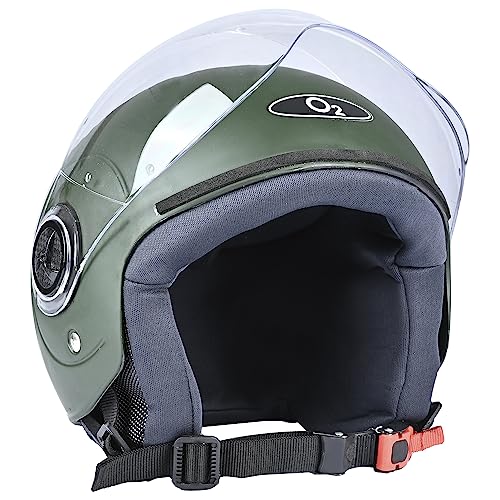 Image of O2 Open Face / Half face Helmet Unisex for Bike Women Men ISI Certified with Clear Visor Smooth Finish Lightweight & Compact (Matt Green, 580mm Medium)