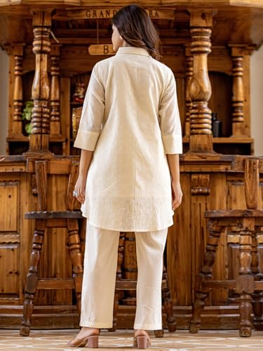 Image of INDO ERA Women's Off White Pure Cotton Printed A-Line Kurta & Pant Set | Cord Set For Women Cotton
