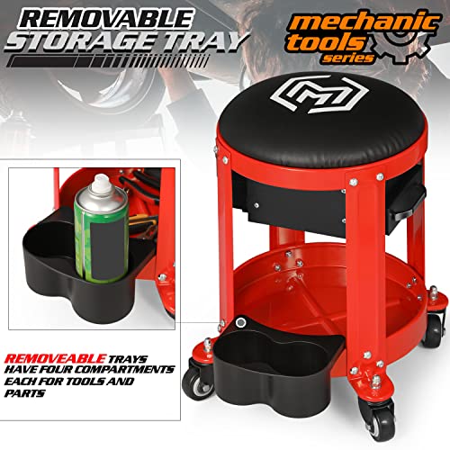 M-Auto Rolling Workshop Mechanic Stool Creeper Seats With Tool Storage Drawers And Can Holders, 300Lbs Garage Rolling Toolbox Stool With Wheels, Work Rolling Stools For Shop Or Garage, Red #TOP5