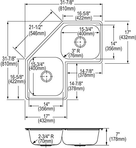 Elkay DE217323 DAYTON Equal Double Bowl Corner Sink 3 Faucet Holes Elite Satin