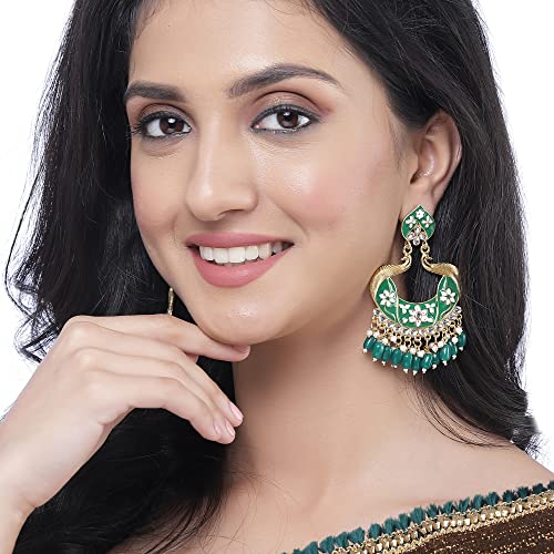 Gold-Plated Kundan & Pearls Peacock Drop Earrings