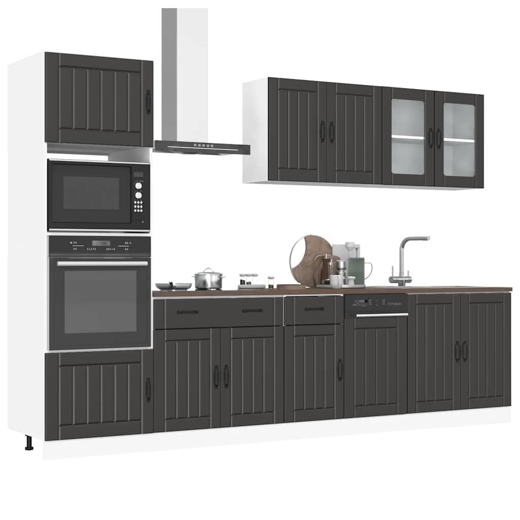 Set di 7 mobili da cucina Kalmar in legno nero con pensile, mobiletto inferiore e dispensa, piano di lavoro e piedini regolabili per risparmiare spazio