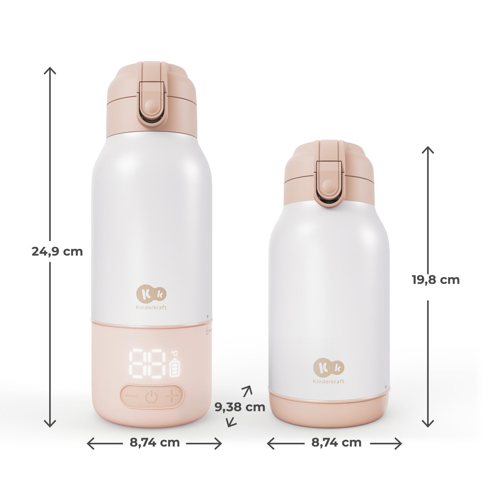 Kinderkraft GAJA Chauffe-Biberon Portable 2 en 1 avec Bouteille Isotherme 500 ml, 5 Températures, Chauffe en 120 sec, Batterie Amovible, USB-C, 10 Cycles, Beige