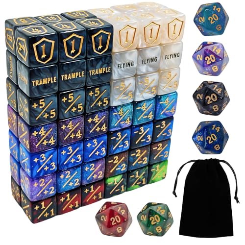 90 PCS MTG Counter Dice Set - AbilityKeyword Counters -1/+1 Life Counter Shield Life Counter Dice Creature Stat Buffs Marble Colour D6 Cube Dice for MTG TCG Card Games (Includes Black Bag)