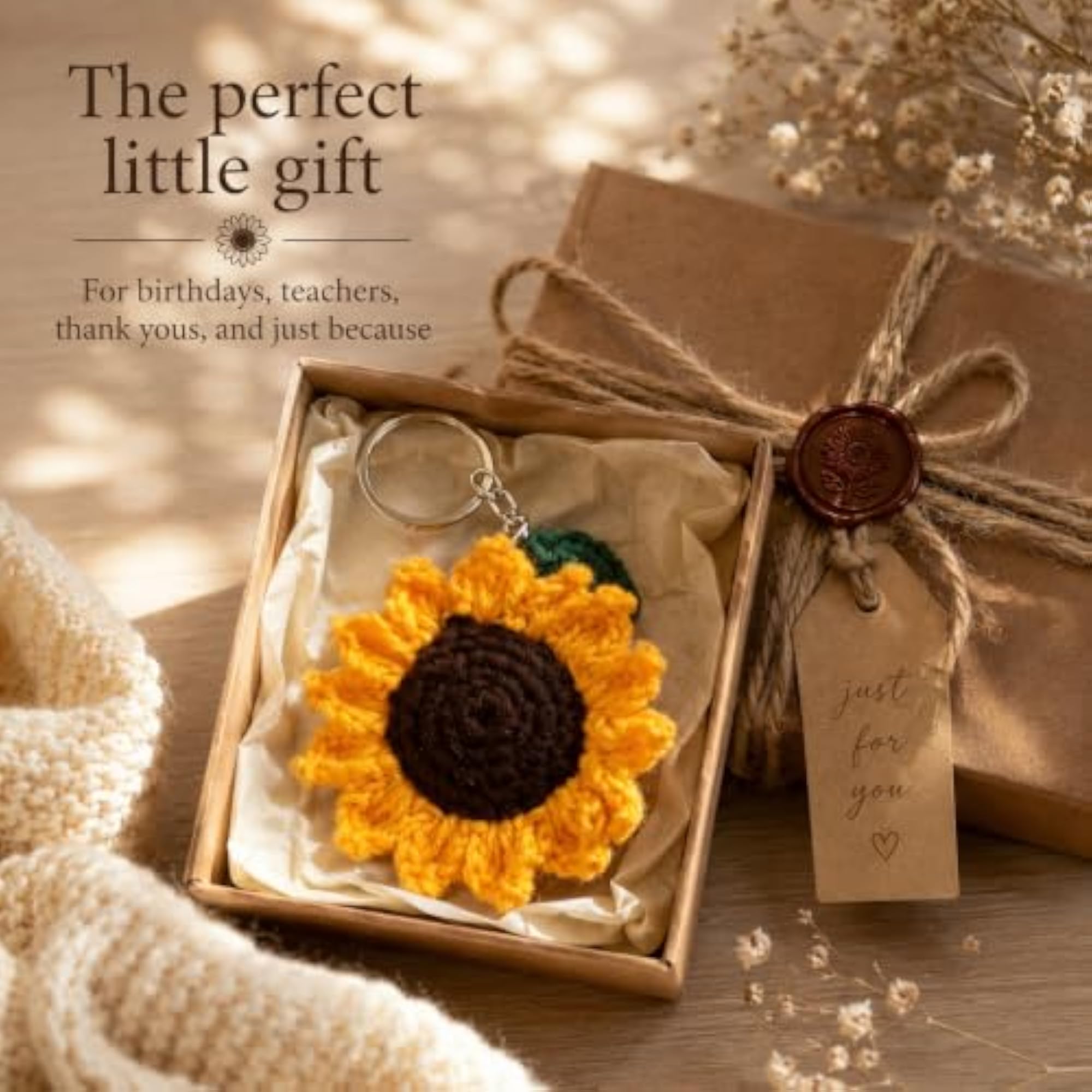 Crochet Sunflower Keychain, Knitted Flower Bag Charm