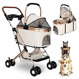 Gereat Dog Stroller for Small & Medium Dogs & Cats, Foldable Pet Stroller Wagon Carries Up to 44 lbs, Dog Wagon with Storage Basket and Cup Holders, Plus a Removable Portable Pet Carrier