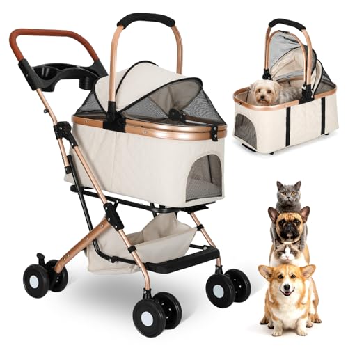 Gereat Dog Stroller for Small & Medium Dogs & Cats, Foldable Pet Stroller Wagon Carries Up to 44 lbs, Dog Wagon with Storage Basket and Cup Holders, Plus a Removable Portable Pet Carrier