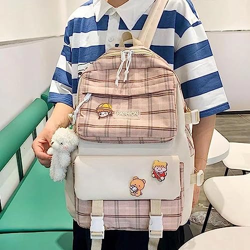 5 pcs Cute Backpack Set Aesthetic Backpack Japanese Kawaii Plaid Bag Preppy Accessories Fit 15.6" Laptop Casual Daypack (Pink,One Size)3