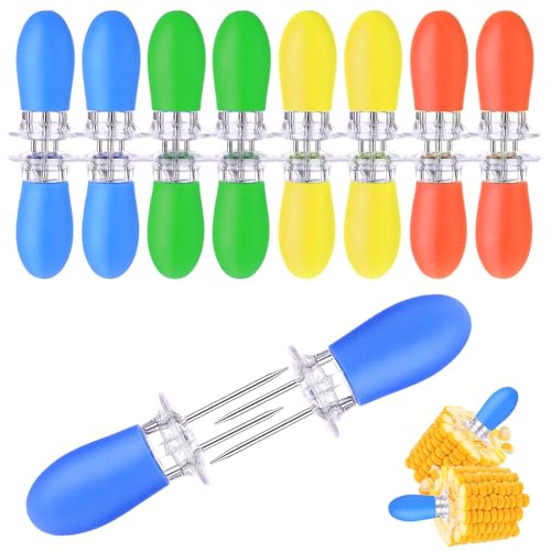 Corn Holders, Grevosea 8 Pcs/4 Pairs Corn Cob Holders Stainless Steel Corn Cob Holders Corn on The Cob Skewers Large Handle Pin Grips and Interlocking Design for Home Cooking BBQ Camping and Party