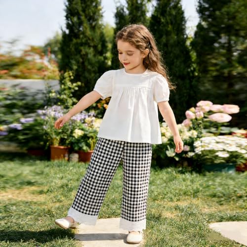 Image of Miipat Toddler Girls Wide Leg Pants Elastic Waist 2 Pack Gingham Pants Girls Loose Checkered Plaid Lace Bottoms