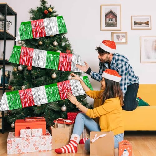 Image of 6 Pack 10 Feet Foil Fringe Garland Metallic Tinsel Streamers Banner Wall Hanging Backdrop Banner for Parade Floats, Valentine's Day, Wedding, Birthday, Mardi Gras Party Decorations Red Silver Green