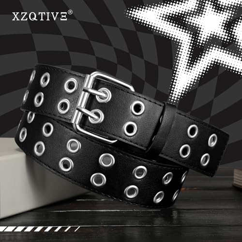 XZQTIVE Double Grommet PU Leather Belt for Women Men Punk metal Jean Belt Wide 1.5 Inch3