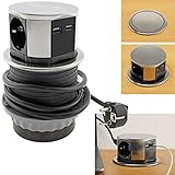 ChiliTec Versenkbare Steckdose Edelstahl mit 3X Steckdosen 2X USB I Einbausteckdose mit 150cm Kabel 230V für Küche, Schreibtisch, Arbeitsplatten