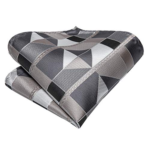 Image of Hi-Tie Grey Checkered Suit Neckties for Men Classic Woven Tie and Pocket Square Lapel Pin Silver Tie Clip Cufflinks Set Wedding Business 6PCS