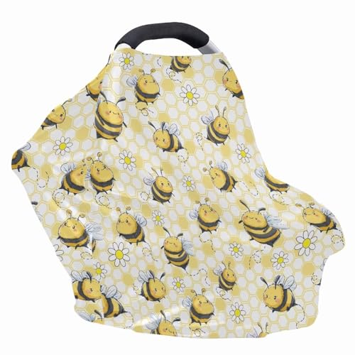 Image of Cute Carseat Cover for Babies, Breathable Infant Carseat Cover Lightweight Baby Carrier Cover for Girls Boys, Fit Spring Summer /Hot Days /Warm Weather, Bee Daisy