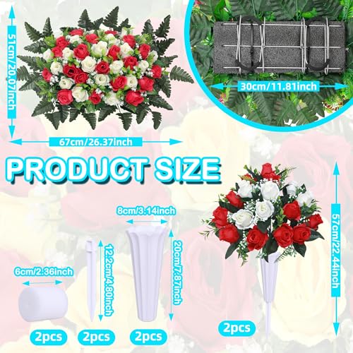 Artificial Cemetery Flower Saddles,Cemetery Memorial Flowers with Vase,Outdoor Grave Saddle Headstone Decorations, Artificial Rose Bouquet Grave Memorial Flowers 3Sets (Red) image 2