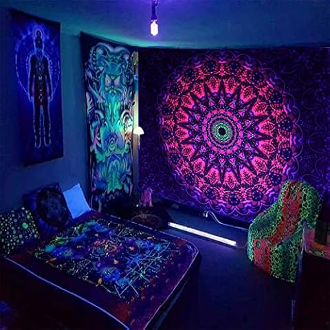 HOLAVIDA Hippie Mandala Tapestry UV Reactive Fluorescent Bohemian Indian Hippy Wall Hanging for Bedroom Dorm(150cm×130cm) Cover