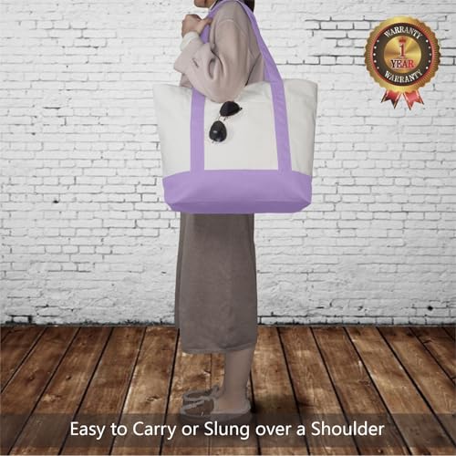 Image of TOPDesign 1-Pack Canvas Tote Bag with an External Pocket, Reusable Grocery Shopping Bag, Top Zipper Closure, Daily Essentials (Lavender /Natural)