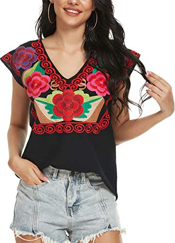 YZXDORWJ Women's Mexican Peasant Blouse Cotton Tops White Shirt4